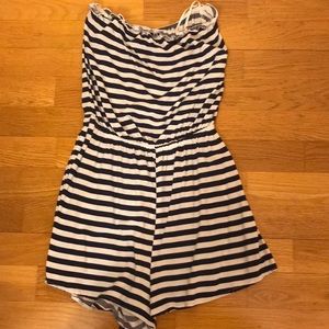 Blue/white striped strapless romper